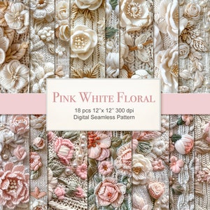Rosa Weiße Blumen Gestricktes Nahtloses Muster. 3D Cozy Texture Digital Paper Bundle. Kommerzielle Nutzung. Scrapbook Junk Journal Stoff. 18er PACKUNG