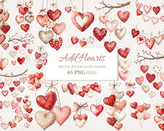 May include: Watercolor clipart featuring numerous hanging hearts in various shades of red, pink, and beige. Some hearts have patterns like polka dots and stripes. The image includes the text "Add Hearts" and "65 PNG FILES".