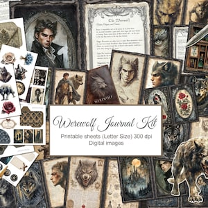 Werewolf Grimoire Junk Journal Kit. Dark Fantasy.  Fussy Cuts, Ephemera, Craft Paper. Printable Pages. Digital Download. 41 PACK