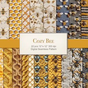 Könnte beinhalten: Ein Set mit 22 digitalen nahtlosen Mustern mit einem gemütlichen Bienen-Thema. Die Muster umfassen verschiedene Texturen wie Waben, Strick und Blumenmuster. Die Muster sind in Gelb-, Weiß- und Grautönen mit Bienen und Blumen gehalten.
