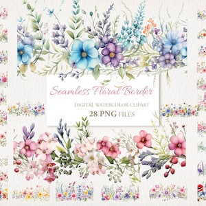 Ensemble de cliparts aquarelle transparente bordure florale. Illustration de l'IA de fleurs sauvages. Utilisation commerciale en téléchargement numérique. Carte journal indésirable. 28 PNG