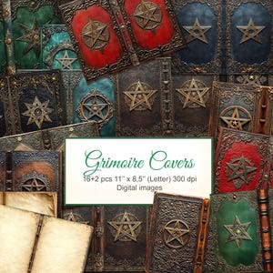 May include: A collection of 18 digital images of grimoire covers featuring a pentagram design. The covers are in various colours, including red, green, and brown, and have a distressed leather look. The images are 11 inches by 8.5 inches and 300 dpi.