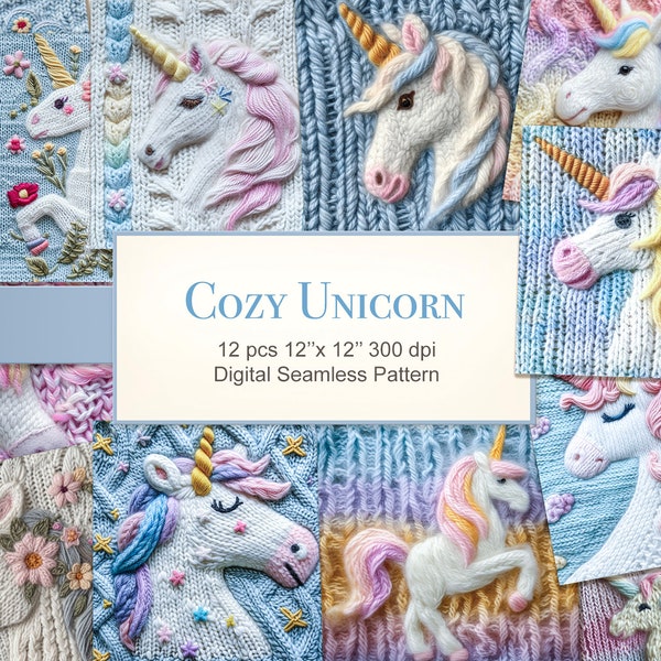 Cozy Unicorn Seamless repeat Pattern. Knitted Texture Digital Download Paper Bundle. Commercial Use. Fabric Scrapbook Junk Journal. 12 PACK