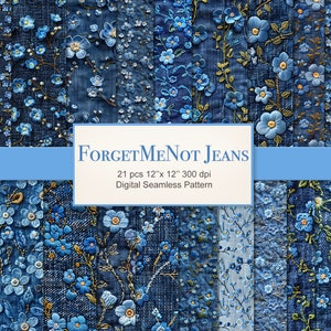 Oubliez-moi pas Jeans, pages en papier sans couture, fleurs florales en denim. Utilisation commerciale. Artisanat, scrapbooking, tissu, journal indésirable. 21