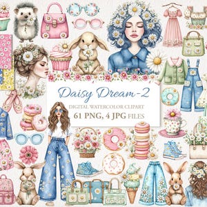 Conjunto de clipart de aquarela com flores e margaridas fofas, padrão sem emendas. Ilustração de IA. Uso comercial. Cartões de diário de lixo. 61 PNG 4 JPG