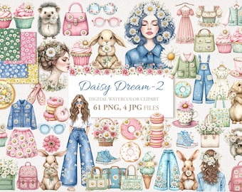 Süße Gänseblümchen Blumen Aquarell Clipart Bündel, nahtloses Muster. KI Illustration. Kommerzielle Nutzung. Junk-Journal Karten. 61 PNG 4 JPG