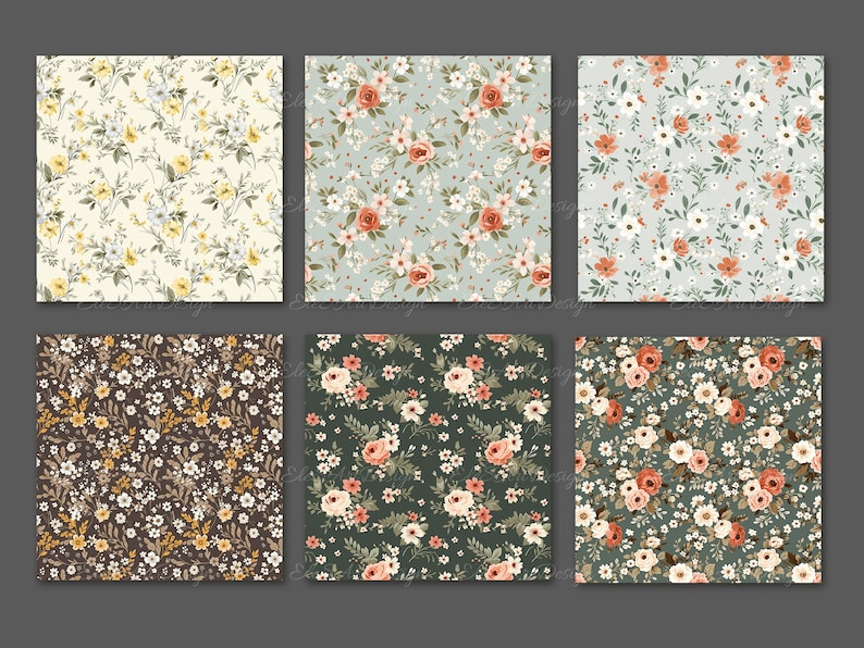 May include: Six square fabric swatches showcasing floral patterns. The designs feature various arrangements of flowers in colors like yellow, peach, white, and brown, set against backgrounds of cream, teal, and dark green. The floral patterns are dense and detailed.