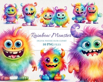 Cute Rainbow Monster Watercolor Clipart PNG Bundle.  Children Nursery Art.  AI Illustration. Instant Download for Commercial Use