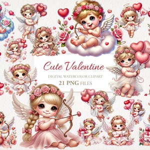 Lindo paquete de imágenes prediseñadas de Cupido de San Valentín, niña y niño, ilustración de IA para uso comercial, álbum de recortes, diario basura, 21 PNG