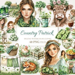 Country Girly St Patrick Day Fazenda Irlandesa Aquarela Ilustração Clipart Bundle. Download Instantâneo Uso Comercial. Junk Journal Cards. 40 PNG