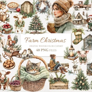 Brauner gemütlicher Bauernhof Land Weihnachten Winter Aquarell Clipart Bundle. KI Illustration. Kommerzielle Nutzung. Sammelalbum Junk Journal Karten. 40 PNG