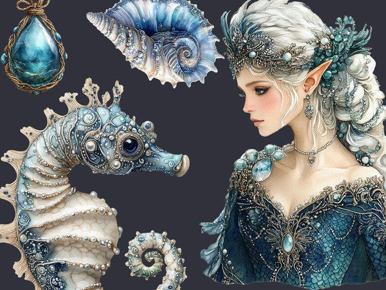 Ocean Elf Elves Fairy Watercolor Clipart PNG Bundle. Commercial Use ...
