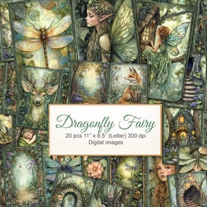 Puede incluir: Un collage digital de 20 imágenes con hadas, libélulas y escenas de bosque. Las imágenes están en un esquema de color verde, marrón y azul y tienen un ambiente caprichoso y mágico. El texto "Dragonfly Fairy" se muestra en una fuente decorativa.