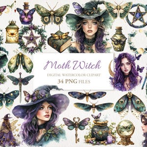 Motte Hexe Magie Aquarell Clipart Bundle. KI Illustration. Kommerzielle Nutzung. Sammelalbum Junk Journal Karten. 34 PNG