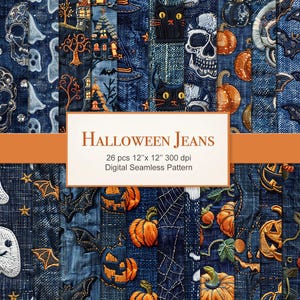 Halloween Jeans Denim Pages de papier à motif sans couture. Utilisation commerciale. Artisanat, scrapbooking, tissu, journal indésirable. 26 PAQUET