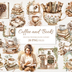 Paquete de imágenes prediseñadas PNG de amantes del café en acuarela. Ilustración de AI rústica vintage. Descarga instantánea para uso comercial. Tarjeta de diario basura. PAQUETE DE 20