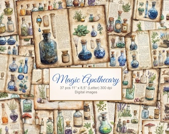 Apothecary Potion Bottles Junk Journal Magic Witchcraft Printable Pages. Book of Shadows, Spell Book, Grimoire. Digital Download. 37 PACK