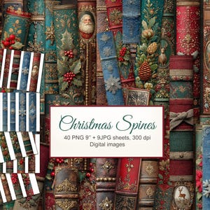 May include: A collection of digital images featuring Christmas-themed book spines. The spines are in various colors, including teal, red, and blue, with ornate designs and festive embellishments. The image includes text that reads "Christmas Spines".
