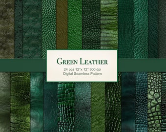 Green Leather Seamless Pattern Texture Craft Paper Pages. Commercial Use. Crafting Scrapbook Junk Journal. 24 PACK