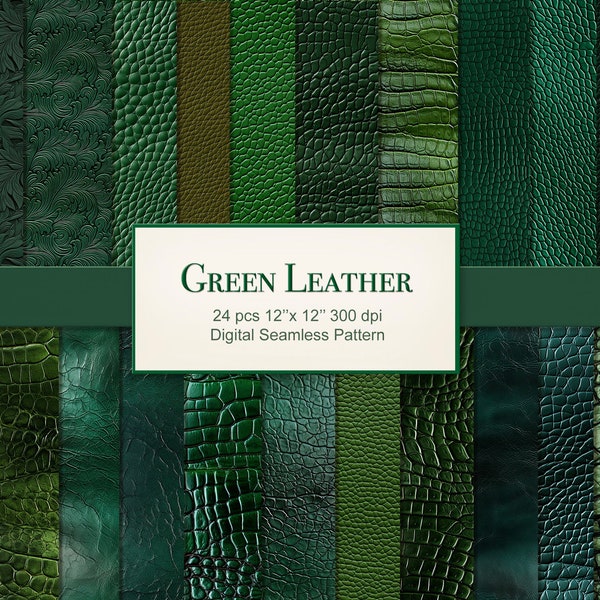 Green Leather Seamless Pattern Texture Craft Paper Pages. Commercial Use. Crafting Scrapbook Junk Journal. 24 PACK