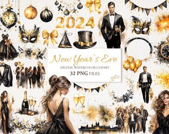 New Year's Eve Winter Watercolor Clipart PNG Bundle AI Illustration. New Year, Silvester Party. Instant Download for Commercial Use. 32 PACK