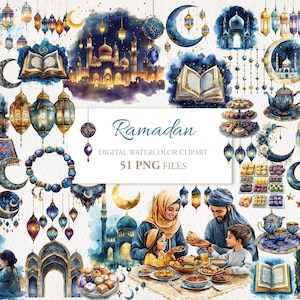 Pacote de clipart de aquarela do Ramadã. Ilustração de IA. Uso comercial. Cartões de diário de sucata de scrapbook. 51 PNG