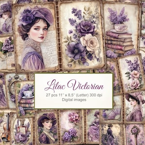 Páginas de diario basura de estilo victoriano vintage en tonos lila y morado. Descarga digital. PAQUETE DE 27