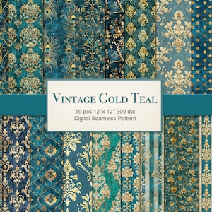 Vintage Gold Teal Seamless Pattern Paper Pages. Victorian, Damask, Floral, Golden.Commercial Use. Crafting, Scrapbook, Junk Journal. 19 PACK