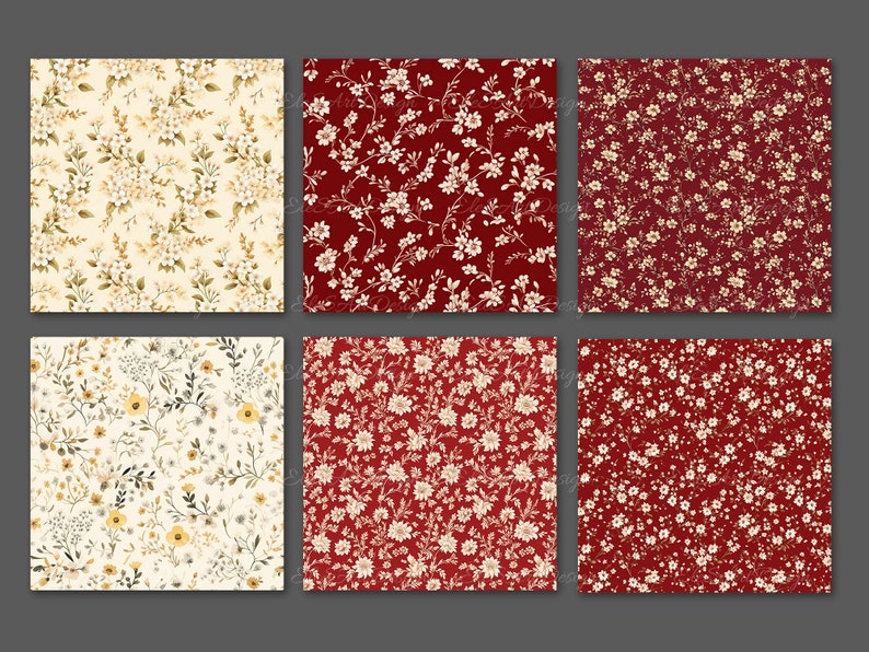 May include: A collection of six fabric swatches featuring floral patterns. The patterns include cream, burgundy, and red backgrounds with white and yellow floral designs. The fabrics showcase various floral arrangements, from dense clusters to delicate, sparse sprigs.