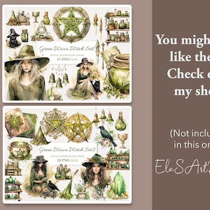 May include: Two digital clip art sets featuring green witches, pentagrams, cauldrons, and other witchy items. The sets are titled "Green Wicca Witch Set!" and "Green Wicca Witch Set 2".