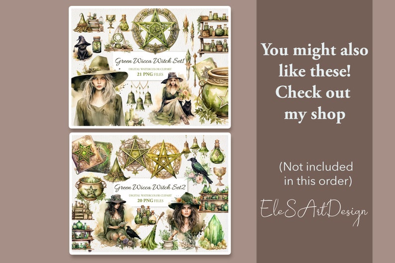May include: Two digital clip art sets featuring green witches, pentagrams, cauldrons, and other witchy items. The sets are titled "Green Wicca Witch Set!" and "Green Wicca Witch Set 2".