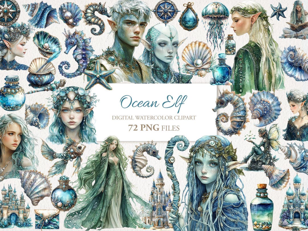 Ocean Elf Elves Fairy Watercolor Clipart PNG Bundle. Commercial Use ...