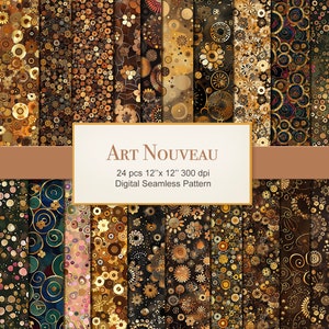 Könnte beinhalten: Ein digitales Papierpaket mit 24 nahtlosen Mustern im Art-Nouveau-Stil. Die Muster zeigen eine Vielzahl von geometrischen Formen, Spiralen und floralen Motiven in Gold-, Braun- und Grüntönen.