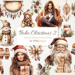 Paquete PNG de imágenes prediseñadas de acuarela de invierno de Navidad marrón boho. Ilustración de IA. Descarga instantánea para uso comercial. Diario basura. Álbum de recortes.