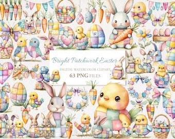 Puede incluir: Conjunto de imágenes prediseñadas de acuarela con ilustraciones temáticas de Pascua. Incluye conejitos, pollitos, huevos, zanahorias, mariposas y cestas, todo en un estilo patchwork. El texto dice "Bright Patchwork Easter" y "63 PNG FILES".
