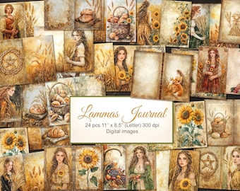 May include: A digital collage of 24 images featuring a harvest theme. The images include sunflowers, wheat, bread, and women in rustic clothing. The text "Lammas Journal" and "24 pcs 11" x 8.5" (Letter) 300 dpi Digital images" is included in the collage.