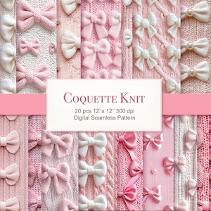 Peut inclure: Un pack de papier numérique avec 20 motifs sans couture en tissu tricoté rose et blanc avec des nœuds. Le texte "Coquette Knit" et "20 pcs 12" x 12" 300 dpi Digital Seamless Pattern" est inclus dans l'image.