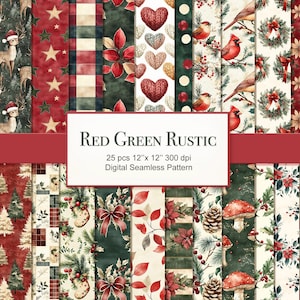 Könnte beinhalten: Eine Sammlung von 25 digitalen nahtlosen Mustern im rot-, grün- und rustikalen Stil. Die Muster zeigen Weihnachtsschmuck, Hirsche, Sterne und Vögel. Jedes Muster ist 30,48 cm x 30,48 cm groß.