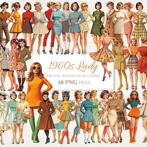 Pacchetto di illustrazioni clipart di bambole di carta retrò vintage, donne e persone degli anni '60, materiale effimero di Junk Journal, download digitale, 48 PNG