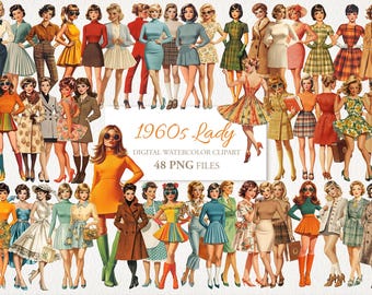 May include: A set of 48 digital watercolor clipart images of women in 1960s fashion. The women are wearing a variety of colorful dresses, skirts, and pants. The images are perfect for scrapbooking, card making, and other creative projects.