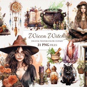 Wicca Witch Boho Earth Witchcraft Watercolor Clipart PNG Bundle AI Illustration. Instant Download for Commercial Use. Scrapbook Junk Journal