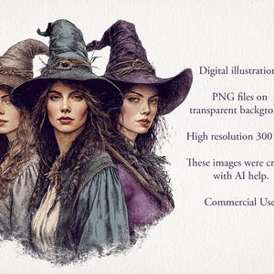 May include: Three women with long dark hair wearing pointed black, purple, and brown witch hats. The women are looking at the viewer with serious expressions. The background is a watercolor-style wash of light brown and white.