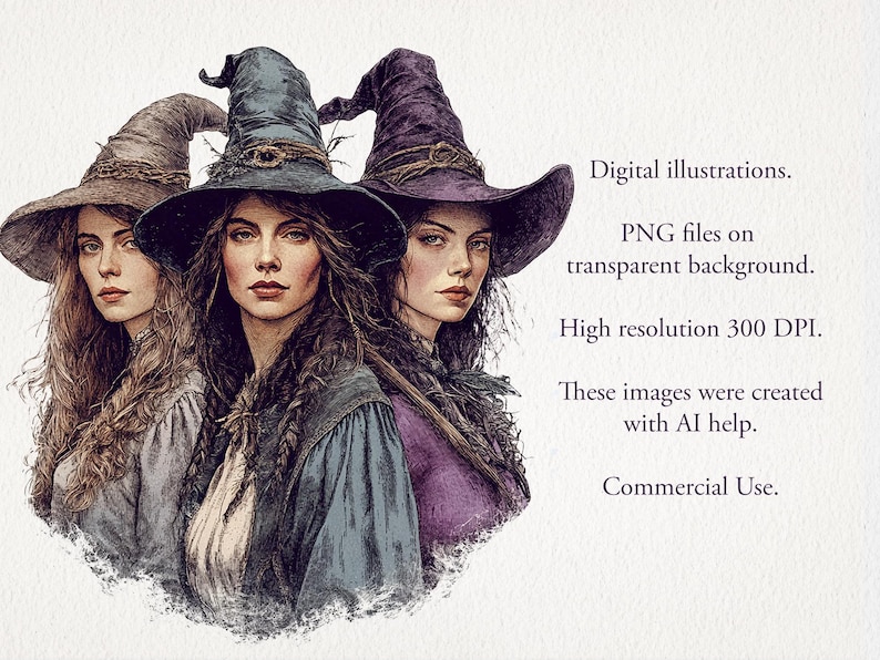 May include: Three women with long dark hair wearing pointed black, purple, and brown witch hats. The women are looking at the viewer with serious expressions. The background is a watercolor-style wash of light brown and white.