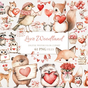 Lot de cliparts aquarelle amour animaux de la forêt Saint-Valentin. Illustration de la Saint-Valentin. Téléchargement instantané Utilisation commerciale. 61PNG