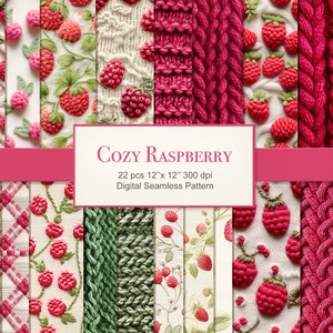 Puede incluir: Un conjunto de 22 patrones digitales sin costuras con un tema acogedor de frambuesa. Los patrones incluyen varias texturas de punto en tonos rojos y verdes, así como frambuesas bordadas sobre un fondo blanco. El texto "Cozy Raspberry" y "22 pcs 12" x 12" 300 dpi Digital Seamless Pattern" está incluido en la imagen.