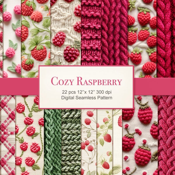 Cozy Raspberry Seamless Pattern. Knitted Felted Embroidered Texture Digital Paper. Commercial Use. Crafting Scrapbook Junk Journal. 22 PACK