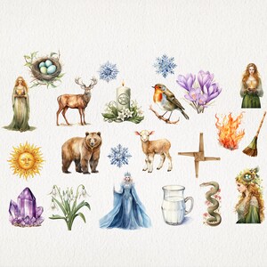 May include: Watercolor illustrations of various nature and fantasy elements. Includes a deer, bear, bird, lamb, sun, crystals, flowers, a witch, a fairy, a candle, a fire, a broom, a snake, a jug of milk, and a nest with eggs. The artwork has a whimsical and mystical theme.