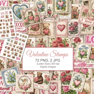 Peut inclure: Un collage d'images numériques sur le thème de la Saint-Valentin, comprenant des timbres, des cœurs, des ours en peluche, des chatons et des roses. Les images sont dans des tons de rose, de rouge et de blanc, avec le texte "Valentine Stamps" et "I love you".