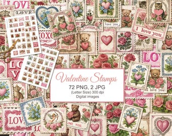 Valentines Day Love Stamps: Junk Journal Ephemera, 72 PNG, 2 JPG (Digital Download)