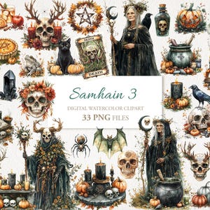 Samhain Wicca magische aquarel clipartbundel. Wicca Halloween Pagan. AI-illustratie. Commercieel gebruik. Plakboek ongewenste dagboekkaarten. 33 png
